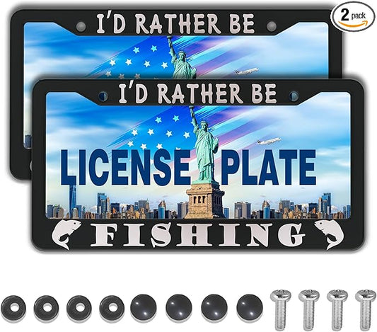Automotive Exterior Accessories Black and White License Plate Frames I'd Rather Be Fishing Universal Aluminum Car Accessory 2 Pack with Screw Covers Set