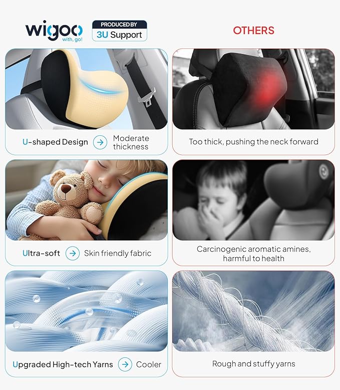 Wigoo 2025 Upgrade Car Neck Pillow [No More Pressure, Odorless] Soft Car Headrest Pillow with Adjustable Strap Removable Cover 100% Memory Foam, Fits All Vehicles (Beige 2-Pack)