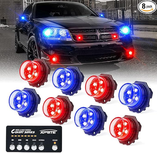 Xprite Red Blue LED Hideaway Strobe Police Lights Kit, 20 Flashing Patterns w/Control Panel for Headlights Taillights Hazard Warning Mounting, for Emergency Vehicles Volunteer Cop Cars Trucks 8PCS