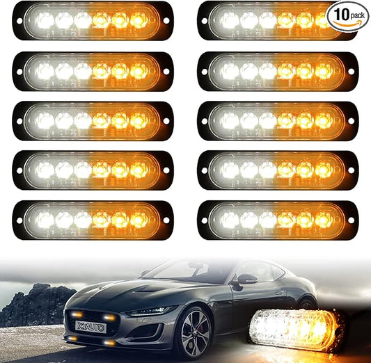 10pcs LED Emergency Strobe Light, Amber White 6-LED Ultra Slim Surface Mount Flashing Warning Hazard Caution Light Bar for Car Truck Off Road Vehicles