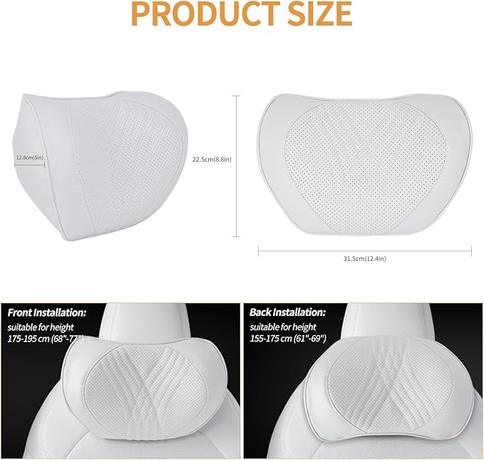 Car Neck Pillow Memory Foam Premium Leather Headrest Neck Support Cushion Universal for Driving Home Office, White,2PC