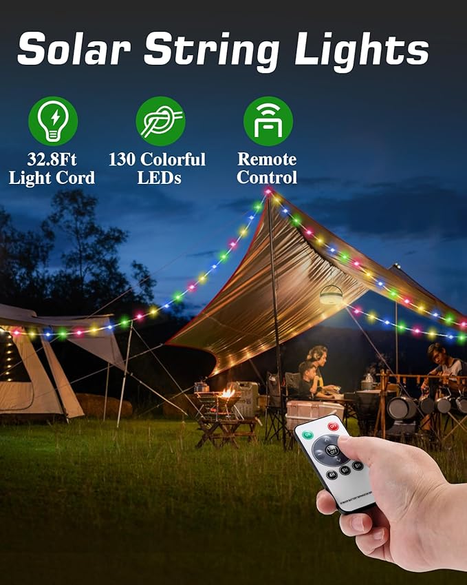 Solar Camping String Lights 4 in 1, Anpro 32.8Ft Ultra Long Multi-Color LED String, 3600mAh Solar Powered and USB Rechargeable Light with Remote Control, Portable Camping Light for Hiking, Decoration