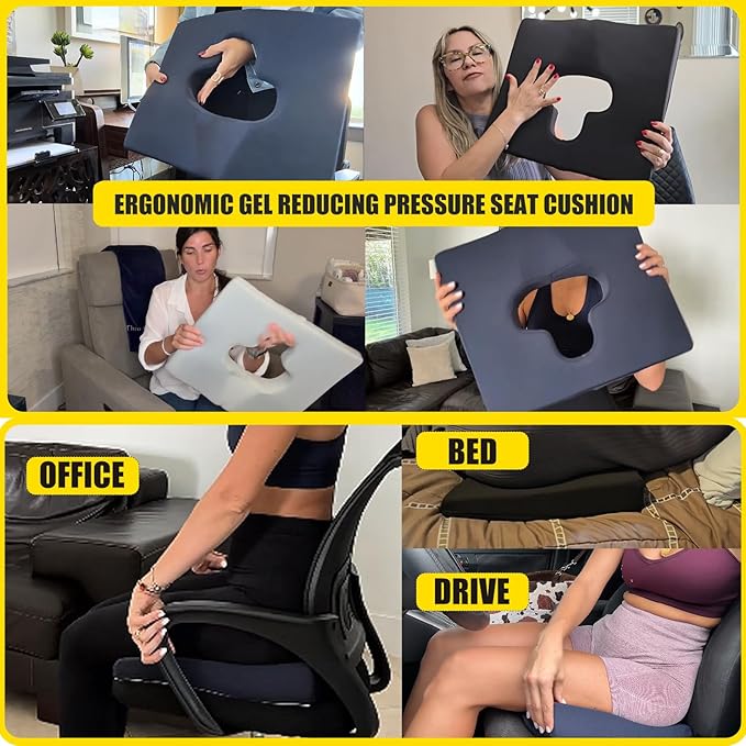 Gel Wheelchair Seat Cushion,Bed Sore Cushions for Butt,Relieve Sciatica,Coccyx,Pressure Sore and Ulcer Pain Relief Pillow,Cushion for Office Chairs,Removable&Washable Cover.(Elevated Set Black)