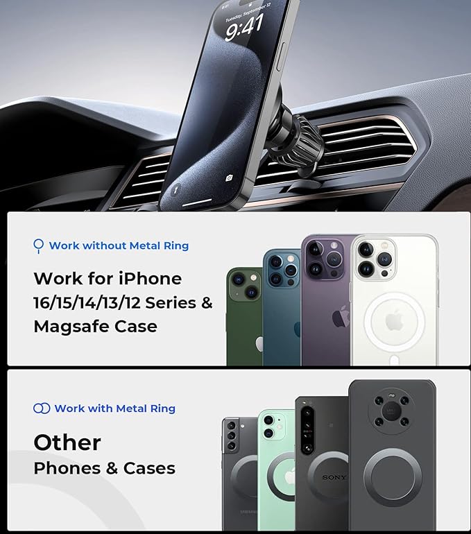 【20X Official Certified Magnets 】for MagSafe Car Mount, 2in1 Dashboard Air Vent Phone Holder, Strong Adhesive, Heat Resistant, 360° Rotation, Fits for iPhone 16, Best Travel Accessories for Men&Women