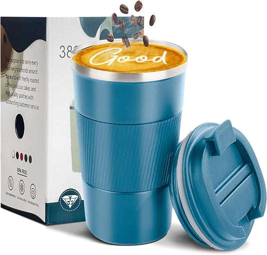 YINBAOGE Insulated Travel Coffee Mug, Spill & Leak Proof, Portable To Go Camping Stainless Steel Coffee Tumbler, Reusable Thermal Coffee Cup with Lid for Hot & Cold Drinks (Blue, 17 OZ)