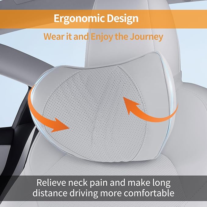 Car Neck Pillow Memory Foam Premium Leather Headrest Neck Support Cushion Universal for Driving Home Office, White,2PC