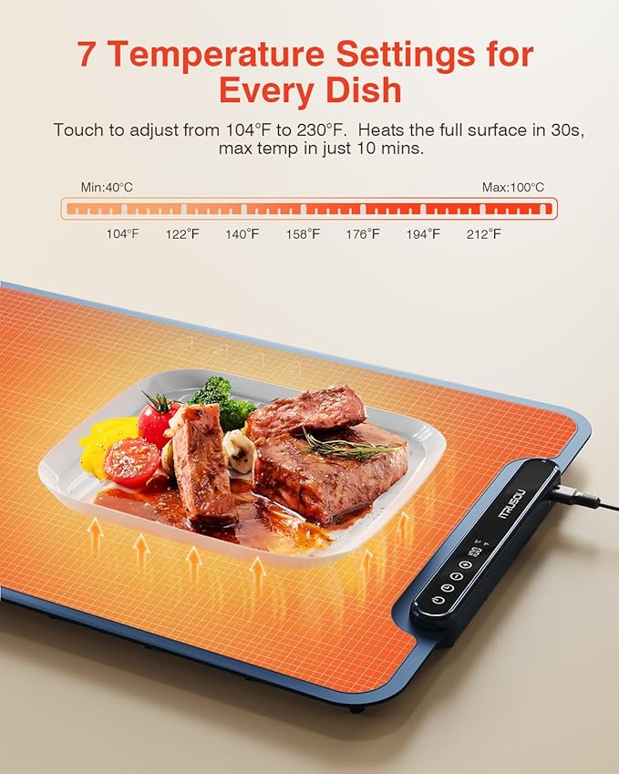 Warming Mat for Food, iTRUSOU Electric Warming Tray with 1–99H Timer, 7 Temp Settings, Patented Full-Surface Heating, °F/°C Switch, Flexible Roll-Up Food Warmers for Parties Buffet, Everyday Use