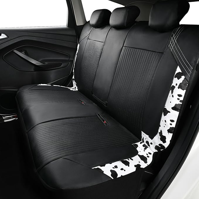 Flying Banner Synthetic Leather car seat Covers Full Set Front and Rear Bench Fashion Easy Installation Cup Holder Free (Black & Cow Print, Low Bucket - Full Set)