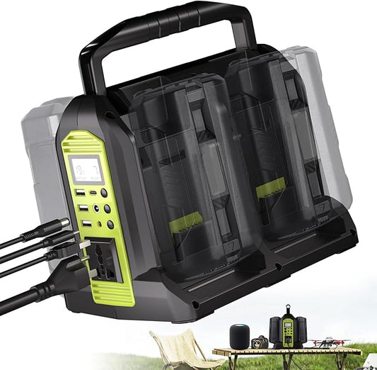 350W Power Inverter 4 Port Pure Sine Wave Inverter Compatible with Ryobi 40V Li-ion Battery, DC 40V to AC 120V with AC Outlet, USB Port, Type-C Port, 300LM LED Light for Camping Emergency