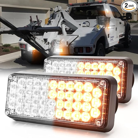 BooYu 2-Pcs Battery Operated LED Emergency Strobe Lights Bar w/Magnetic Base Rechargeable Portable Roadside Roof Top Mini Plow Flash Beacon Warning Light for Truck/Vehicle (Amber/White)