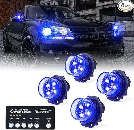 Xprite Blue LED Hideaway Strobe Police Lights Kit, 20 Flashing Patterns w/Control Panel for Headlights Taillights Hazard Warning Mounting, for Emergency Vehicles Volunteer Cars Trucks SUV 4PCS
