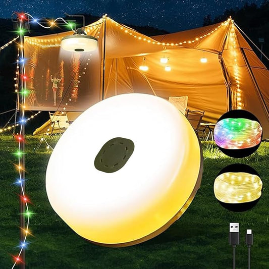 33FT Camping String Lights, Rechargeable String Lights with 8 Modes, Waterproof Outdoor Lights with Delay Closure, Retractable Design & Hooks for Outdoor Patio Awning Garden Party Essentials