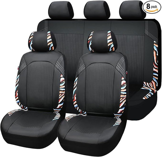 Flying Banner Synthetic Leather car seat Covers Full Set Front and Rear Bench Fashion Easy Installation Cup Holder Free (Black & Colorful Zebra Print, Low Bucket - Full Set)
