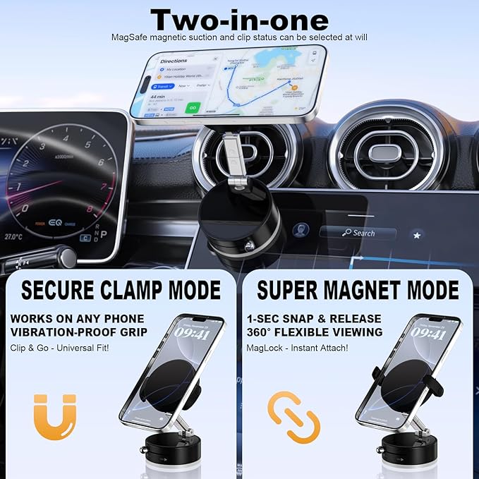 Car Phone Holder，2-in-1 Clip & Magnetic Phone Holder for Car [2800gf Super Magnet + Secure Clamp], 360°Adjustable Phone Mount for Dashboard/Desk/Gym Mount, Compatible with iPhone & Android (Black)