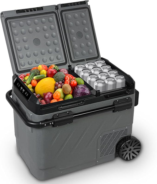 YELLOW JACKET 12v Car Refrigerator, 52-Quart Portable Freezer Electric Cooler with Wheels, 12V Car Fridge for Outdoor Camping Travel,12/24V DC 110~240 Volt AC Refrigerator for Home,RV, Offic