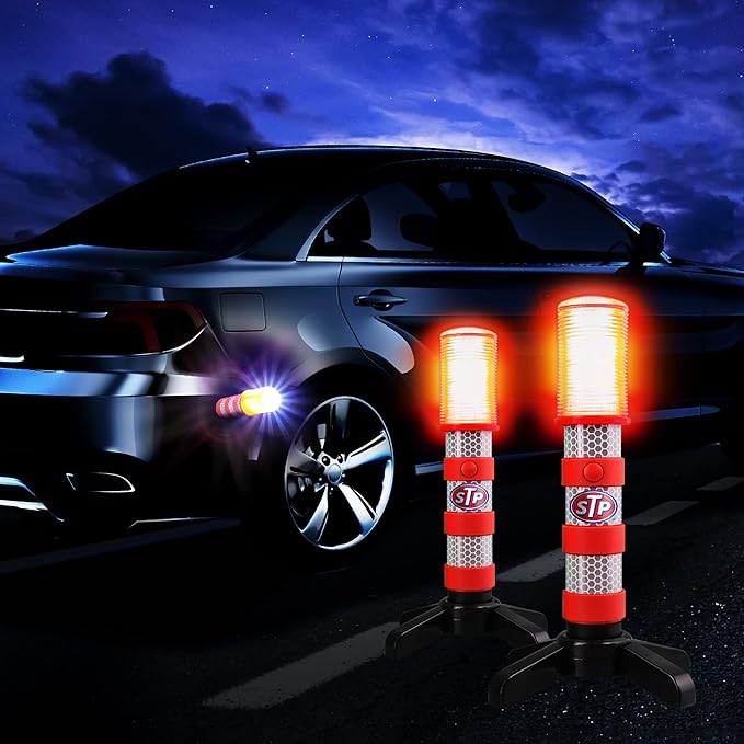 XTREME STP Emergency LED Road Flares, 3 Separate Lighting Modes: Flashing Red, Solid Red and White Flashlight, Visible From Up To A Mile, Foldable Stands/Built-In Magnet Sticks To Car