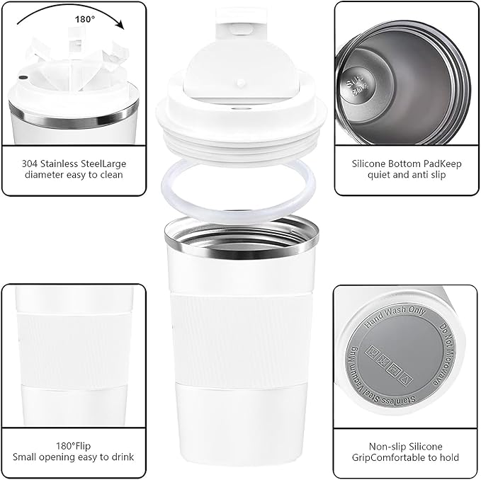 YINBAOGE Insulated Travel Coffee Mug, Spill & Leak Proof, Portable To Go Camping Stainless Steel Coffee Tumbler, Reusable Thermal Coffee Cup with Lid for Hot & Cold Drinks (White, 17 OZ)