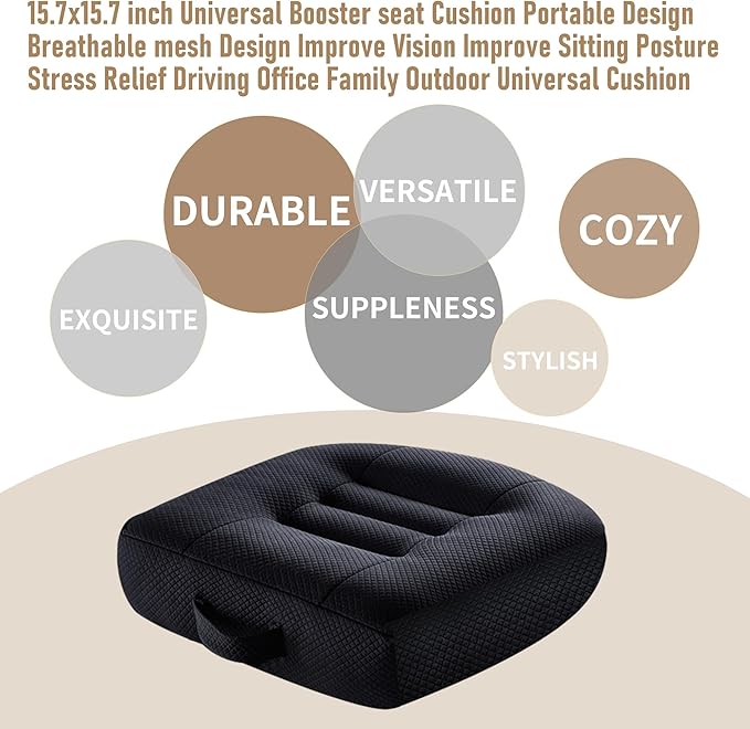 15.7x15.7x4.7 Inches Adjustable Thicknes Car Booster Seat Cushion Office boosr seat Cushion，Nylon Mesh & PP Memory Foam, Height-Adjustable for Driving, Office, Yoga, and Outdoor Use - Black