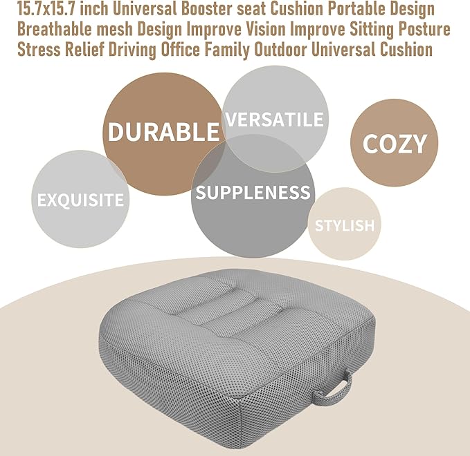15.7x15.7x4.7 Inches Adjustable Thicknes Car Booster Seat Cushion Office boosr seat Cushion，Nylon Mesh & PP Memory Foam, Height-Adjustable for Driving, Office, Yoga, and Outdoor Use - Gray