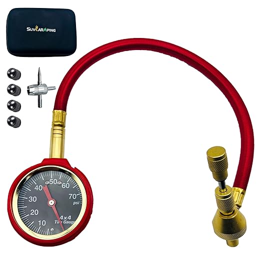 SUVCARMPING 60/70 PSI Tire Pressure Gauge Accurate Air Pressure Gauge (±1%), for Tires with Large Glow Dial, Valve Cap and Valve Core Tool, Red