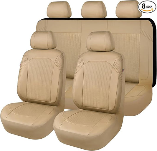 Flying Banner Synthetic Leather car seat Covers Full Set Front and Rear Bench Fashion Easy Installation Cup Holder Free (Solid Beige, Low Bucket - Full Set)