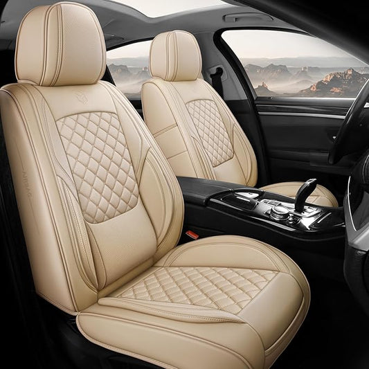 Premium Leather Car Seat Covers, Universal Fit for Cars SUVs Trucks and Sedans, Waterproof Car Seat Cushion with Airbag Compatible & Scratch-Resistant, Beige Seat Covers for 5 Seats