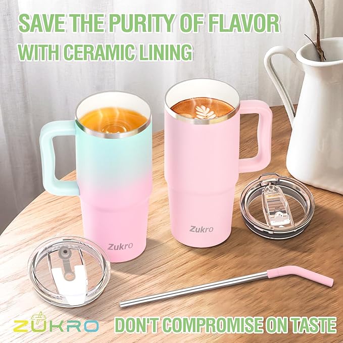 Zukro 24 oz Ceramic Lined Insulated Tumbler with Handle and Straw, No Metal Taste or Smell, Travel Coffee Mug with Spillproof Lids, No Sweat Stainless Steel Cup, Dishwasher Safe, Teal