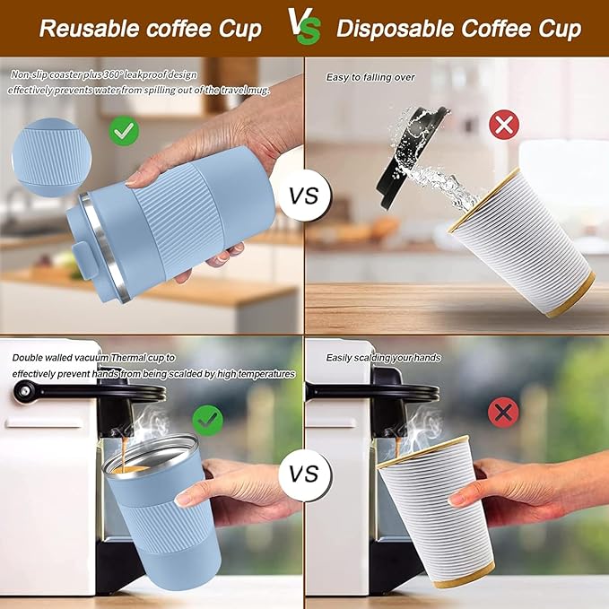 YINBAOGE Insulated Travel Coffee Mug, Spill & Leak Proof, Portable To Go Camping Stainless Steel Coffee Tumbler, Reusable Thermal Coffee Cup with Lid for Hot & Cold Drinks (Light blue, 12 OZ)