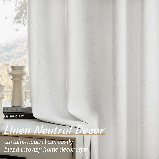 UHITECH 100% Blackout Curtains for Bedroom 84 Inches Length 2 Panels Set White Curtain Textured Linen Black Out for Living Room Window Back Tab Linen Drapes