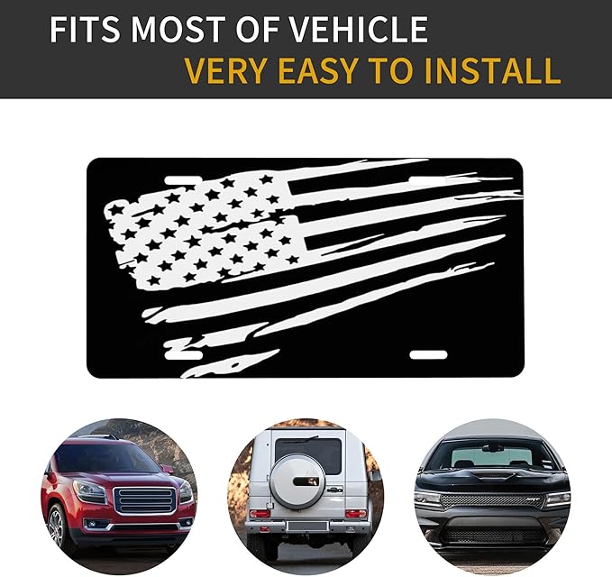Front License Plate American Flag Black Vanity Plates Aluminum Metal Decorative Car Tag Novelty License Plate Cover for Men Women ‎6 * 12 in (4 Holes)