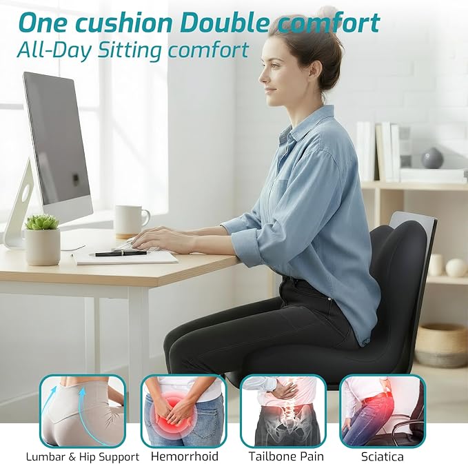 Memory Foam Seat Cushion,Office Chair Cushion with Lumbar Support for Back Pressure Relief, Car Seat Cushion with Adjustable Strap,Sciatica Pad Cushions for Car,Truck, Desk (C-Black)