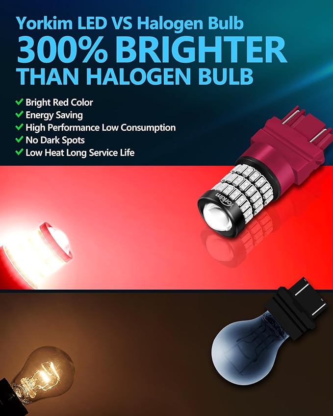 Yorkim 3157 Led Bulb Red 3157 Led brake bulb tail lights 3157 blinking brake lights with Projector 3056 3156 3057 4057 4157 T25 Led Bulbs red, Pack of 2
