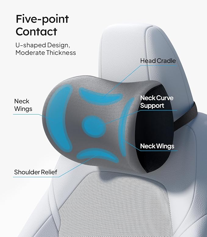 Wigoo 2025 Upgrade Car Neck Pillow [No More Pressure, Odorless] Soft Car Headrest Pillow with Adjustable Strap Removable Cover 100% Memory Foam, Fits All Vehicles (Gray 2-Pack)