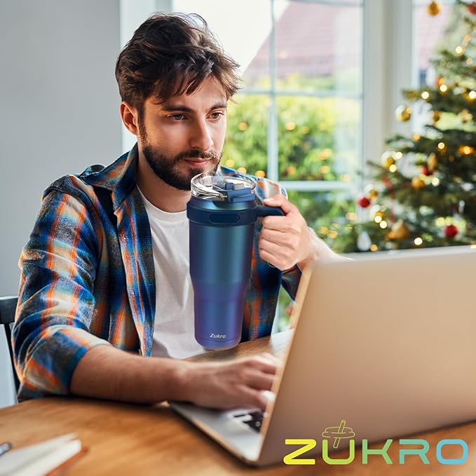Zukro 50 oz Tumbler With Handle And Straw, Leak-proof Closable Flip Straw Lid, Insulated Stainless Steel Water Bottle for Hot & Cold Drinks, Large Travel Mug Fit in Cup Holder, Dishwasher Safe