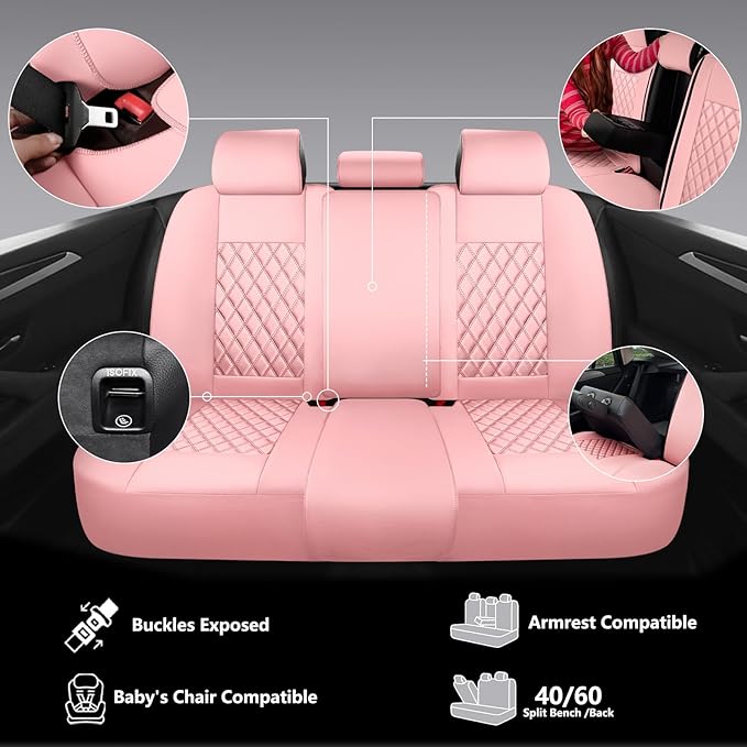 NS YOLO Leather Car Seat Covers Full Set, Universal Fit for Cars Trucks,SUVs,Waterproof Car Seat Protector,Automotive Seat Covers for 5 Seats (Pink, Full Set(Front and Rear-5 Seats))