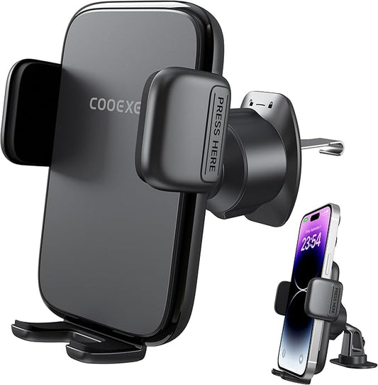 Car Phone Mount for Air Vent & Dashboard, Universal Clip Holder with 360° Rotation, One-Button Release Car Phone Holder Compatible iPhone Samsung Google Smartphones, Truck Car Accessories