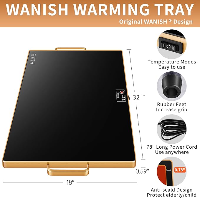 Electric Warming Tray (XXL 32”x18”)，Food Warmers for Parties Buffet with Thermostat & Full Surface Heating, Tempered Glass Warming Mat for Food, Temperature Adjustable Gold Handles Food Warming Mat