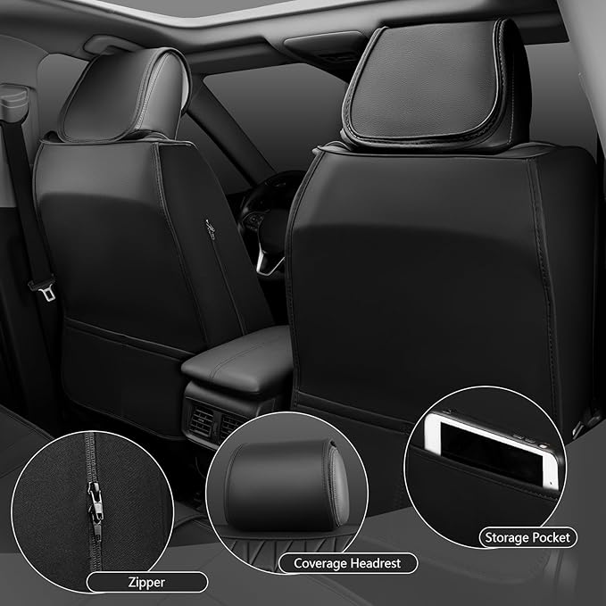 CAR PASS Leather Seat Covers Full Set, Luxury Seat Protector for Cars, Waterproof PU 5-Seat Car Seat Covers Universal for SUV Sedan Truck, Airbag Compatible & Anti-Slip, Solid Black