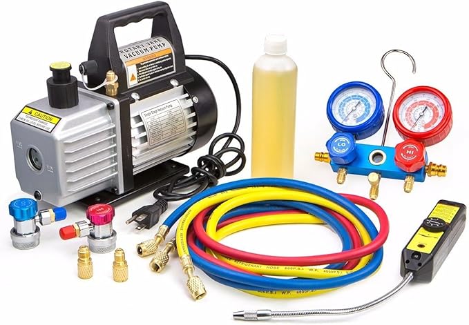 XtremepowerUS Premium 4CFM Air Vacuum Pump HVAC A/C Refrigeration Kit AC Manifold Gauge Case Set R134a Tap w/Leak Detector and Carrying Tote Bag
