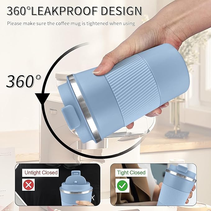 YINBAOGE Insulated Travel Coffee Mug, Spill & Leak Proof, Portable To Go Camping Stainless Steel Coffee Tumbler, Reusable Thermal Coffee Cup with Lid for Hot & Cold Drinks (Light blue, 12 OZ)