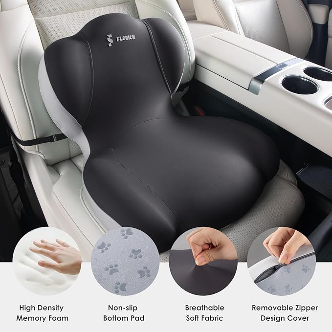 FLORICH Memory Foam Truck Seat Cushion with Adjustable Strap,Seat Cushion and Lumbar Support Pillow for Car Office Chair(Dark Grey)