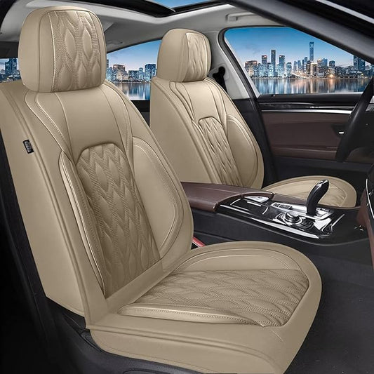 Car Seat Covers Fit for Nissan Frontier 2009-2023 2024 2025: Full Set 5 Seats Faux Leather Automotive Seat Covers Waterproof Business Vehicle Seat Cushion Protector （5 Seat, Beige）