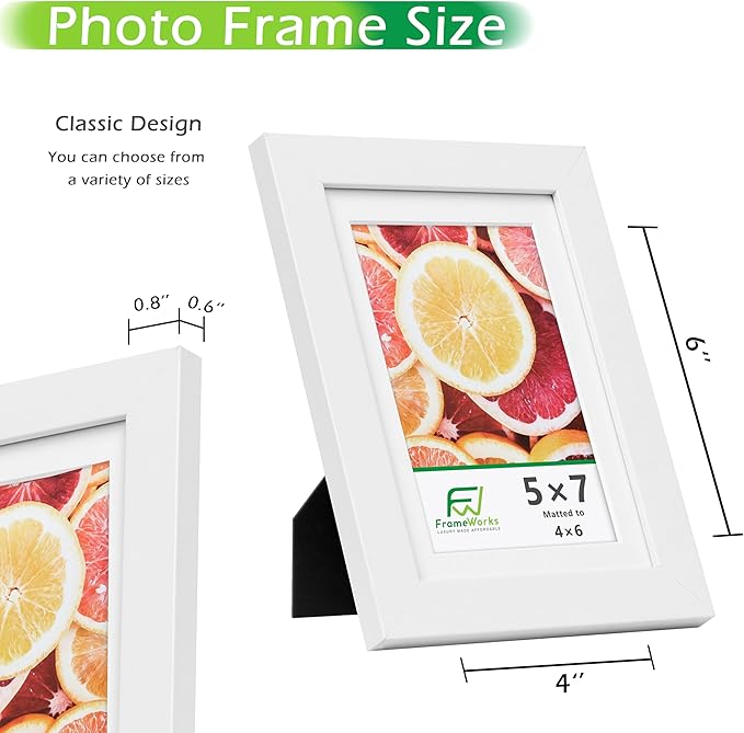 FrameWorks 2-Pack, 5x7 Matted to 4x6 Picture Frame, White – Classic Wooden Photo Frame with Tempered Glass, Modern Matte Finish for Prints, Posters, Certificates & Wall Decor – Gallery-Ready
