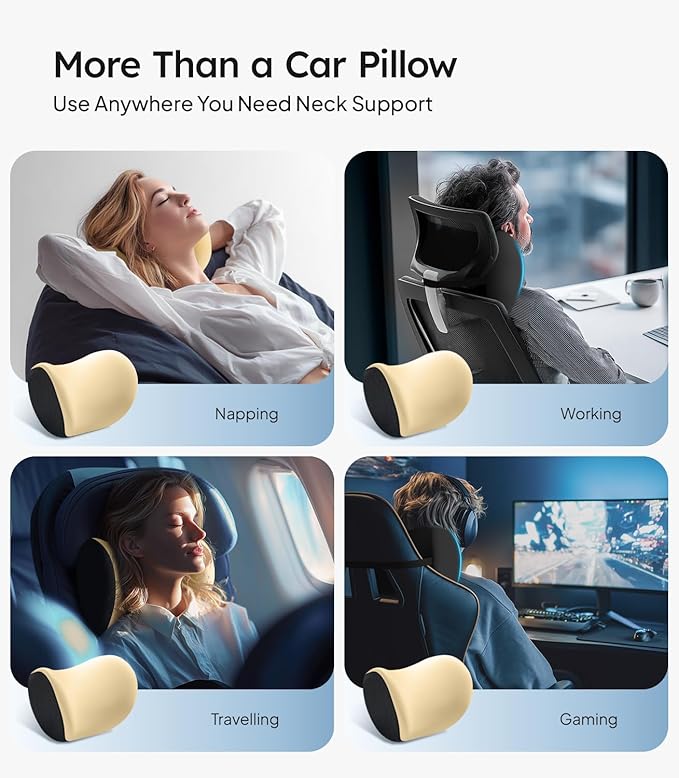 Wigoo 2025 Upgrade Car Neck Pillow [No More Pressure, Odorless] Soft Car Headrest Pillow with Adjustable Strap Removable Cover 100% Memory Foam, Fits All Vehicles (Beige 2-Pack)