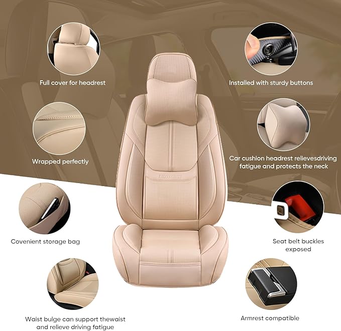 Auto Car Seat Covers Accessories Front Seat Leather Cushion Protector Breathable Waterproof Seat Cover for Cars Universal Fit (Beige, Front Pair)