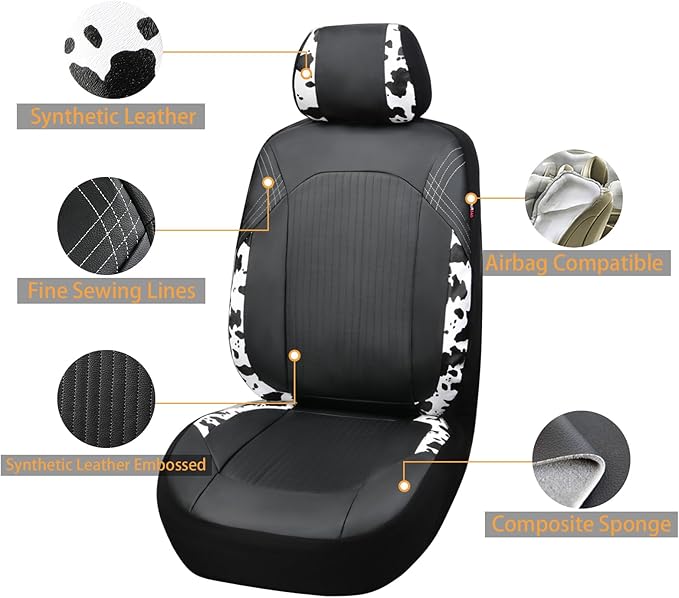 Flying Banner Synthetic Leather car seat Covers Full Set Front and Rear Bench Fashion Easy Installation Cup Holder Free (Black & Cow Print, Low Bucket - Full Set)