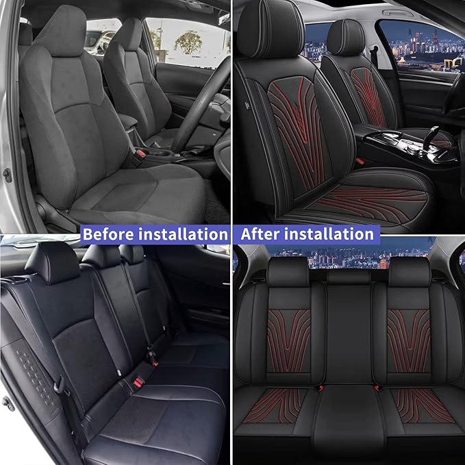 2 Front Car Seat Covers Fit for Nissan Frontier 2009-2024 2025 Ice Silk Leather Breathable Waterproof Automotive Seat Cushion Compatible Airbag (5 Seats&Red Line)