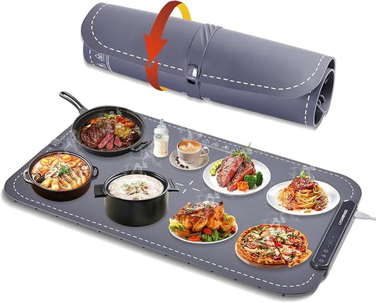 Warming Mat for Food,10s Rapid Warm Food Warming Mat,3-Temp Portable Food Warmer,Fast Heating Auto Shut Off Chafing Dishes For Buffet,Roll Up Food Warmers For Parties Buffet Roll-up Silicone Buckle