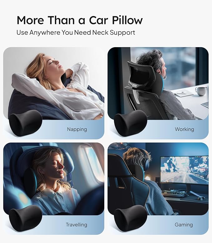 Wigoo 2025 Upgrade Car Neck Pillow [No More Pressure, Odorless] Soft Car Headrest Pillow with Adjustable Strap Removable Cover 100% Memory Foam, Fits All Vehicles (Black 2-Pack)