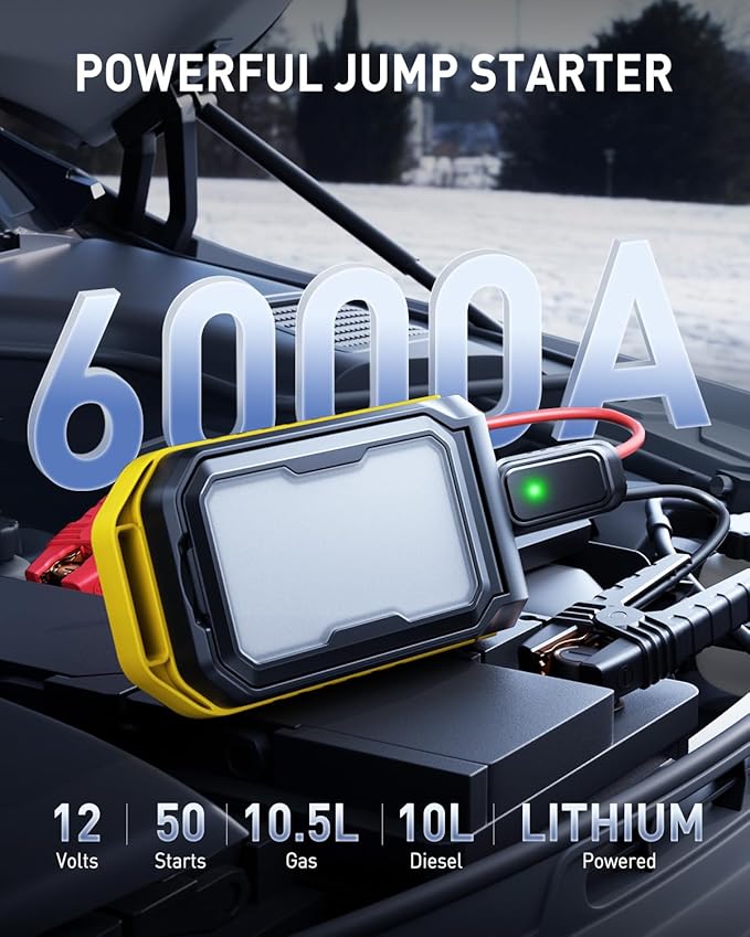 AUXITO Jump Starter: 6000A Car Portable-Battery Jumper Box with 4000LM LED Outdoor Camping Light and Power Bank Function, Up to 10.5L Gas and 10L Diesel Engines, USB Ports and Jumper Cable Included